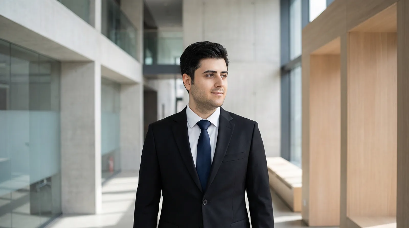Arian Azmoudeh in a dark suit, standing in a concrete and glass atrium